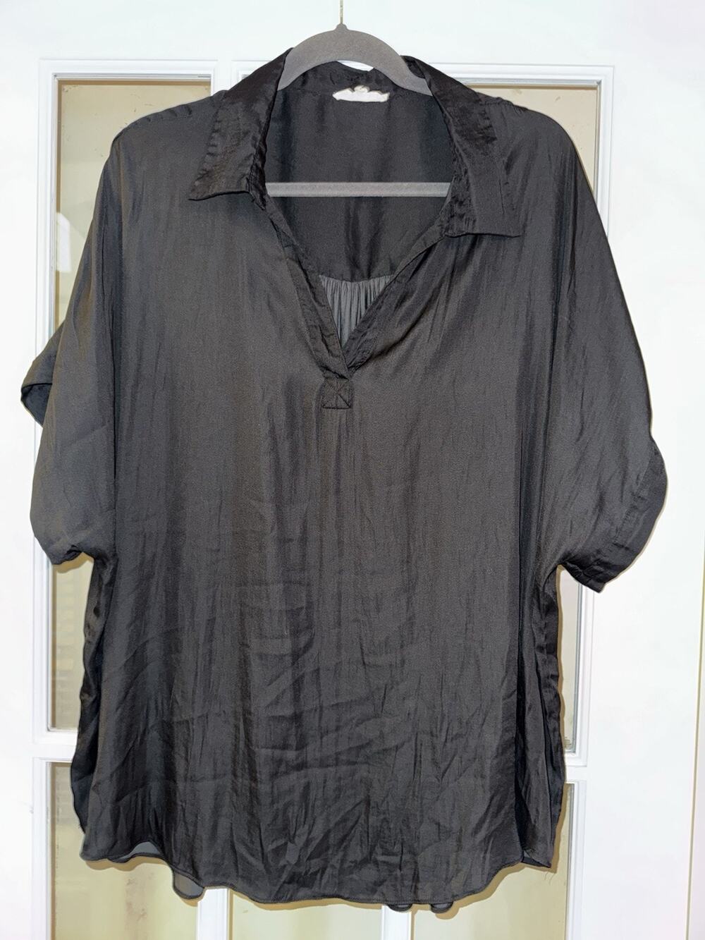 ee:some Womens 1XL Black Sheer Tunic Blouse Roll Tab Sleeve Collared Pullover